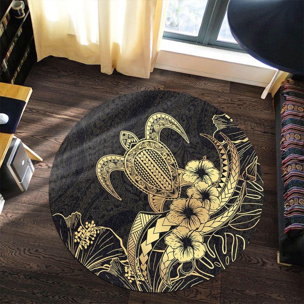 Hawaii Round Rug Tribal Polynesia Floral Gold Art