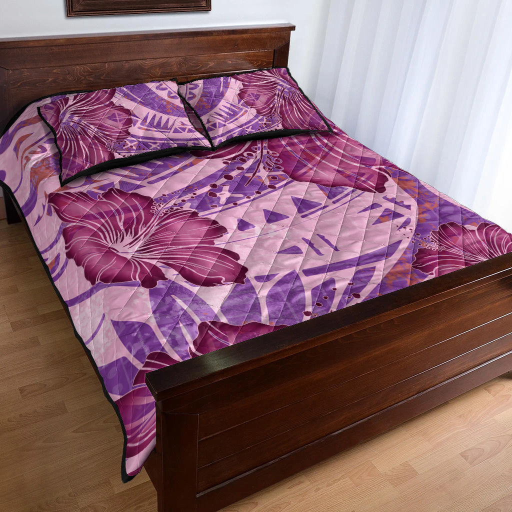 Hawaii Quilt Bed Set Polynesian Motif Purple Hibiscus