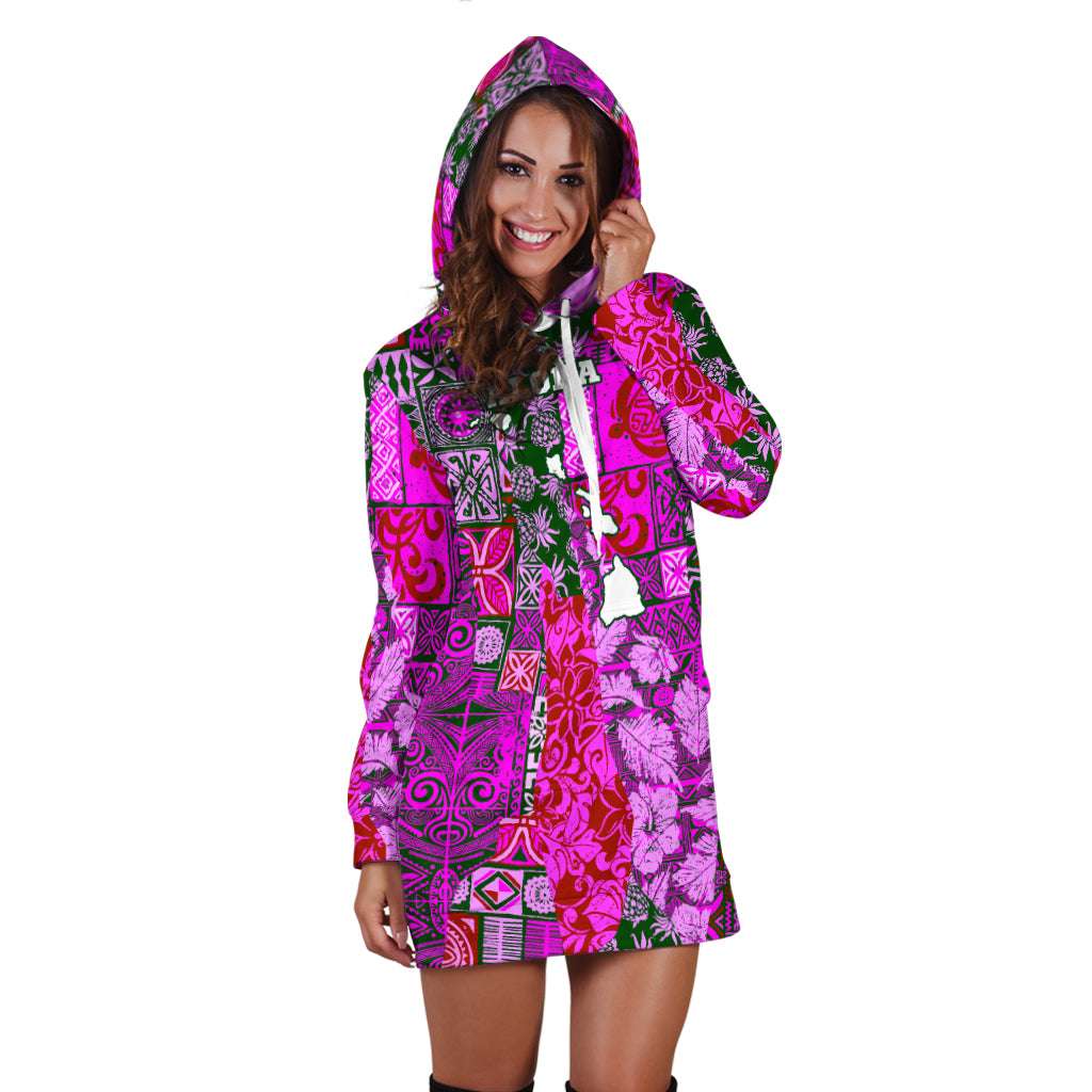 Hawaii Hoodie Dress Hawaiian style tapa fabric patchwork abstract vintage with Hawaii map