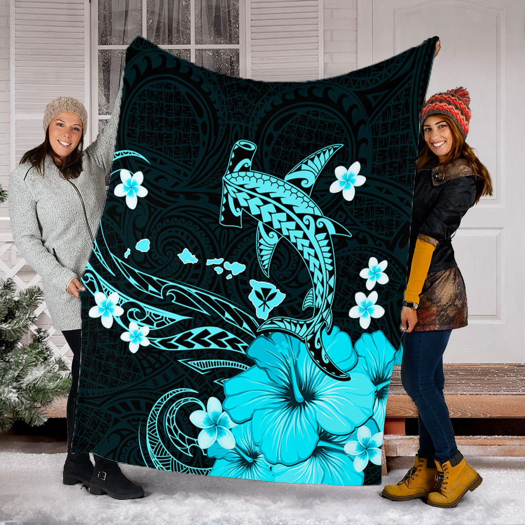 Hawaii Premium Blanket Kanaka Map And Shark Tribal Tattoo Turquoise