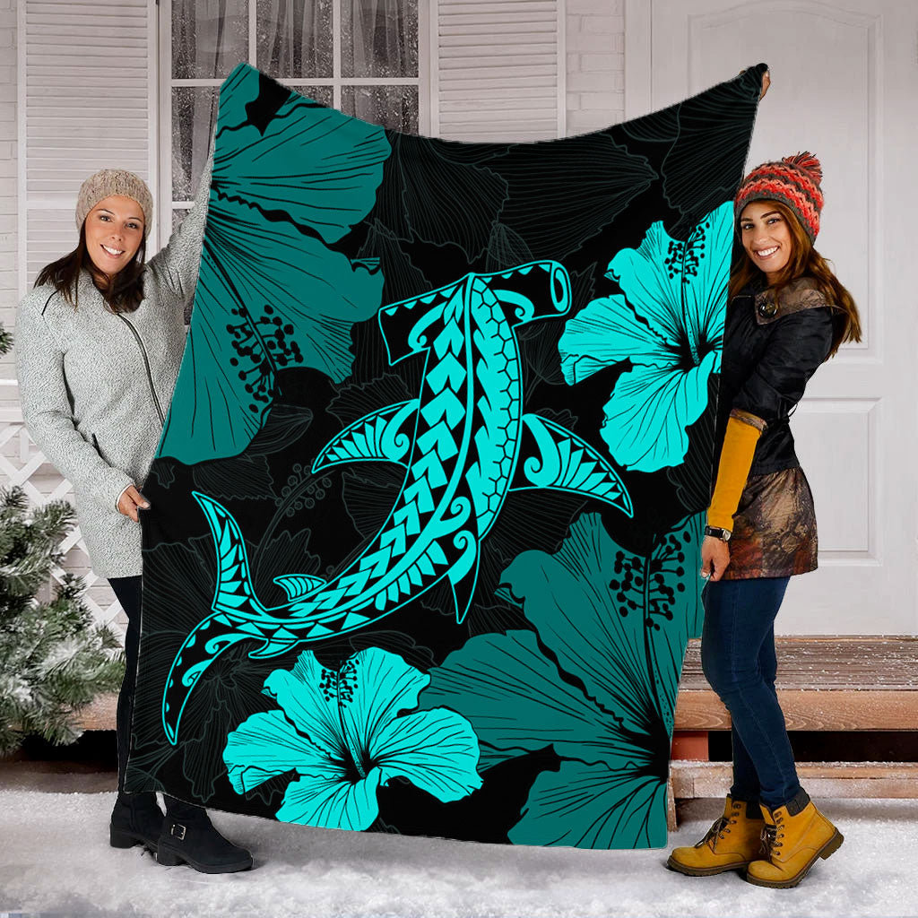 Hawaii Premium Blanket Hammerhead Shark Hibiscus Flower