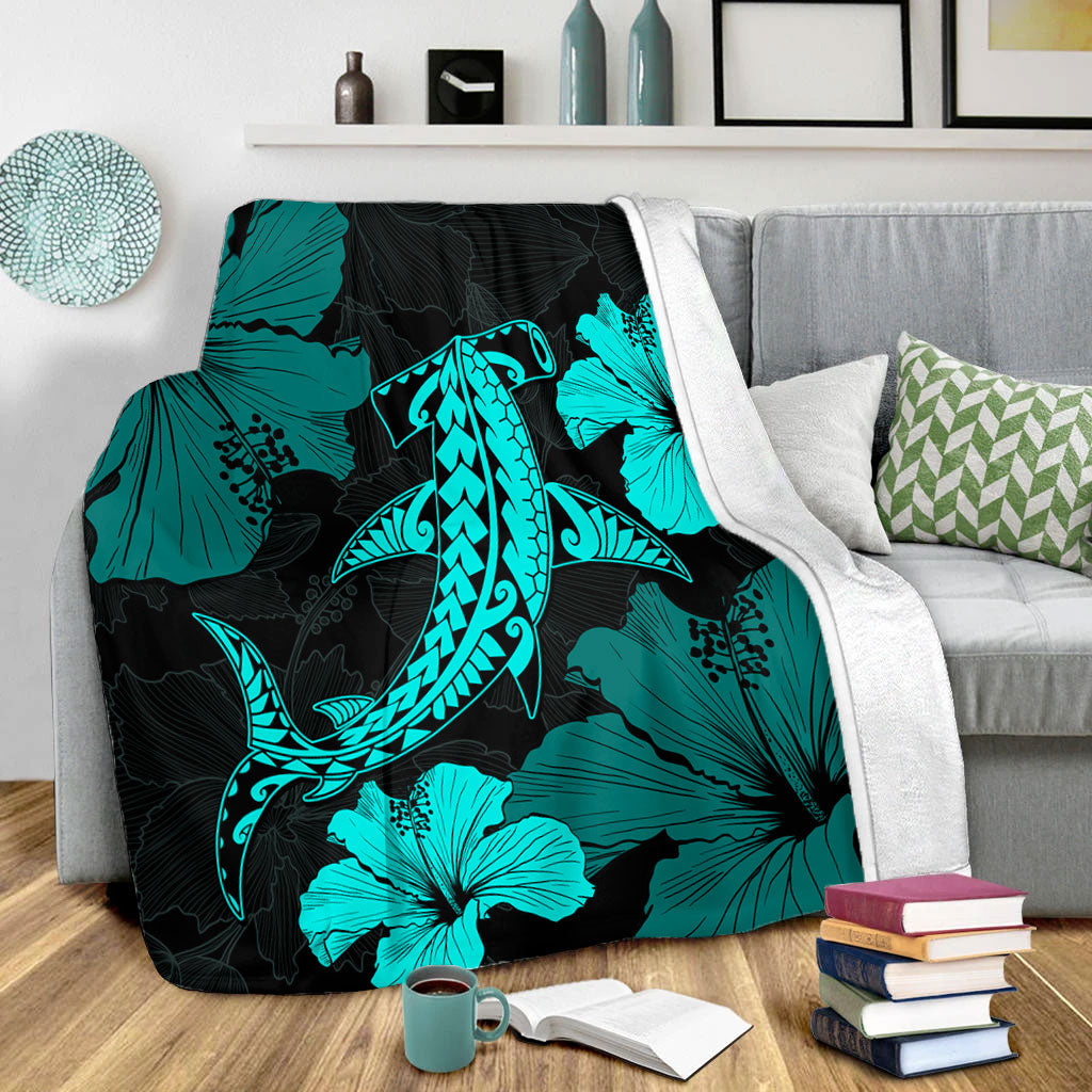 Hawaii Premium Blanket Hammerhead Shark Hibiscus Flower