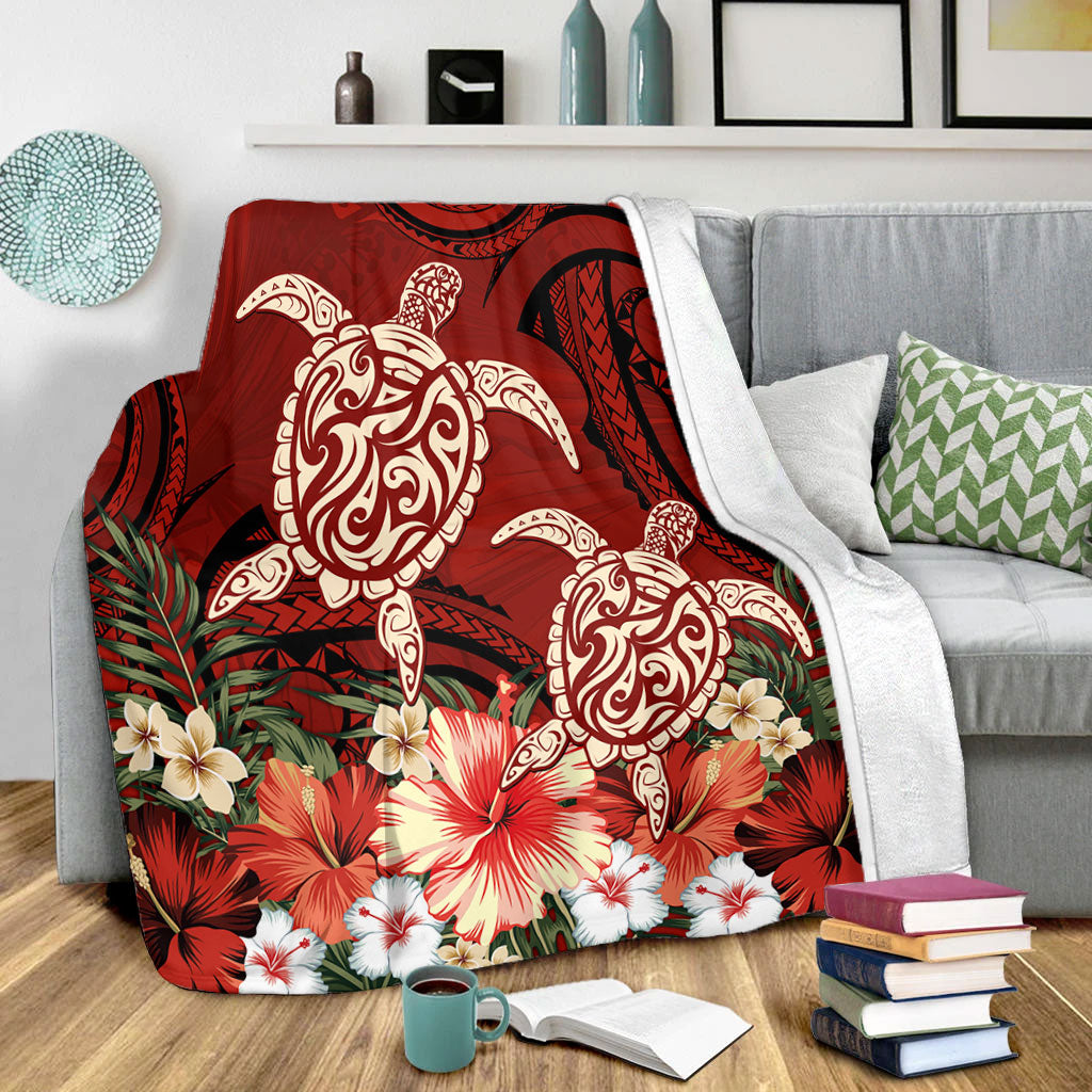 Hawaii Premium Blanket Polynesia Turtle Drawing Tropical Flower