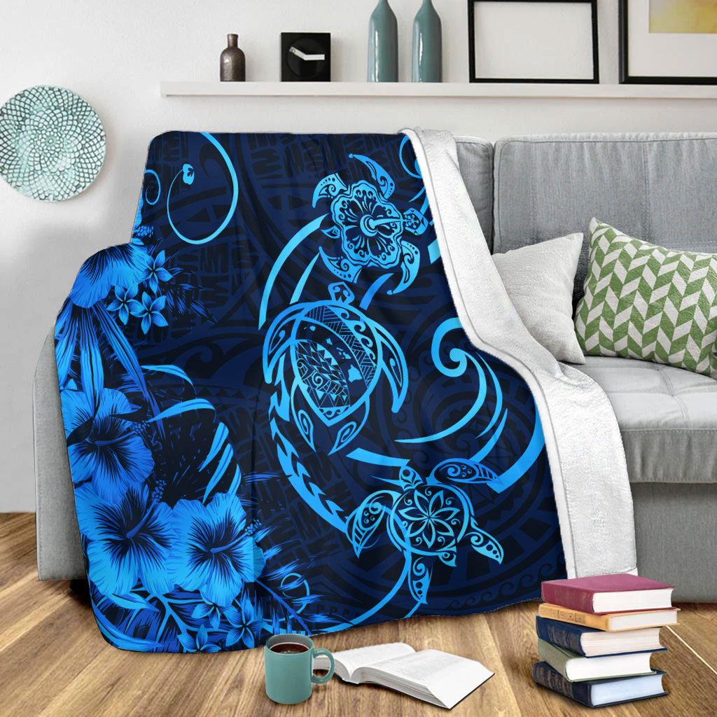 Hawaii Premium Blanket Hibiscus Flower And Map On The Back Turtle