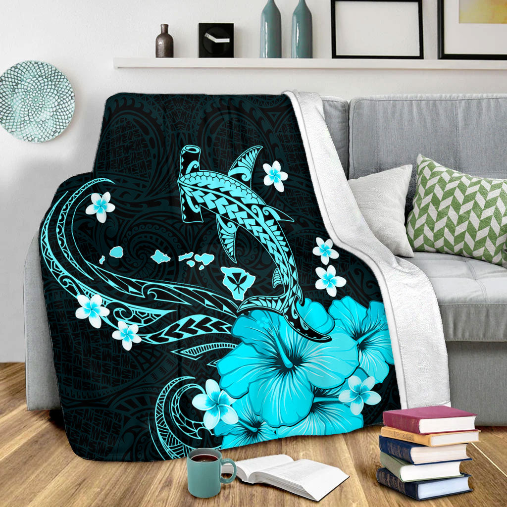 Hawaii Premium Blanket Kanaka Map And Shark Tribal Tattoo Turquoise
