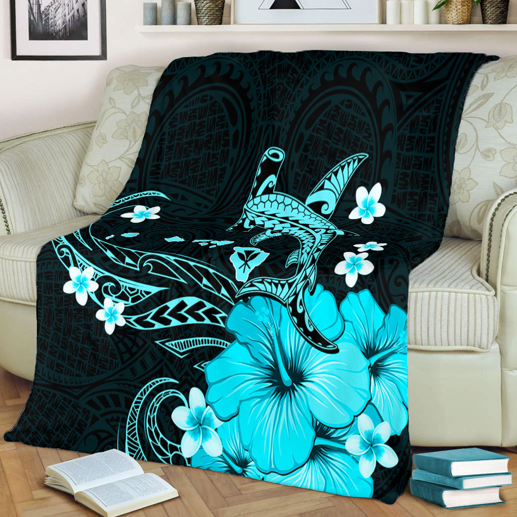 Hawaii Premium Blanket Kanaka Map And Shark Tribal Tattoo Turquoise