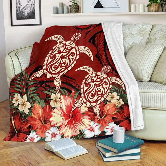 Hawaii Premium Blanket Polynesia Turtle Drawing Tropical Flower
