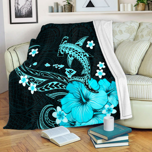 Hawaii Premium Blanket Kanaka Map And Shark Tribal Tattoo Turquoise