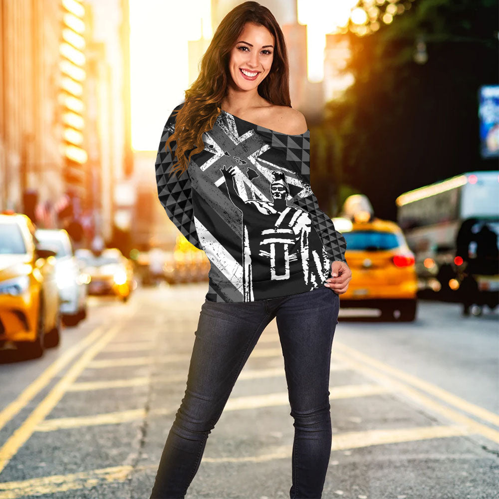 Hawaii Off Shoulder Sweatshirt King Kamehameha Flag Tribal Pride Black White
