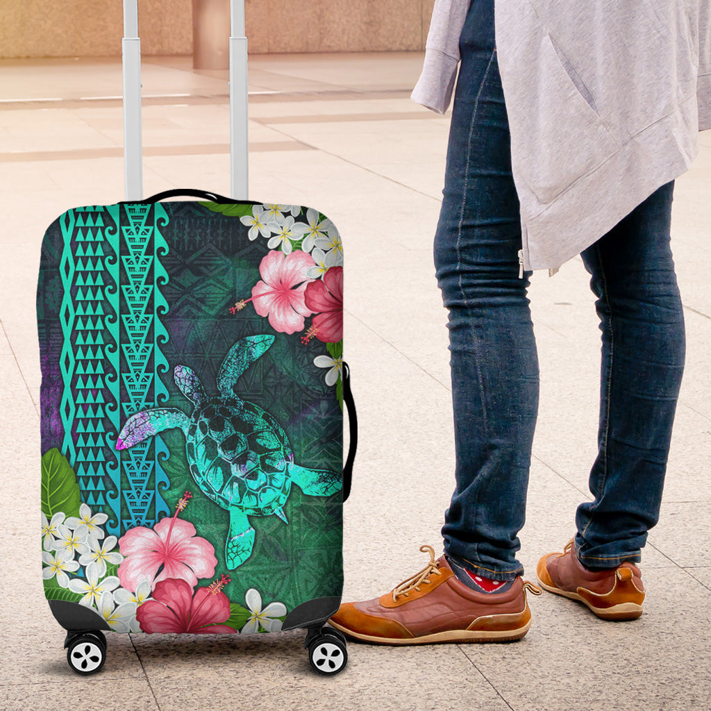 Hawaii Luggage Cover Sea Turtle Abstract Background With Tropical Flowers Hibiscus And Plumeria