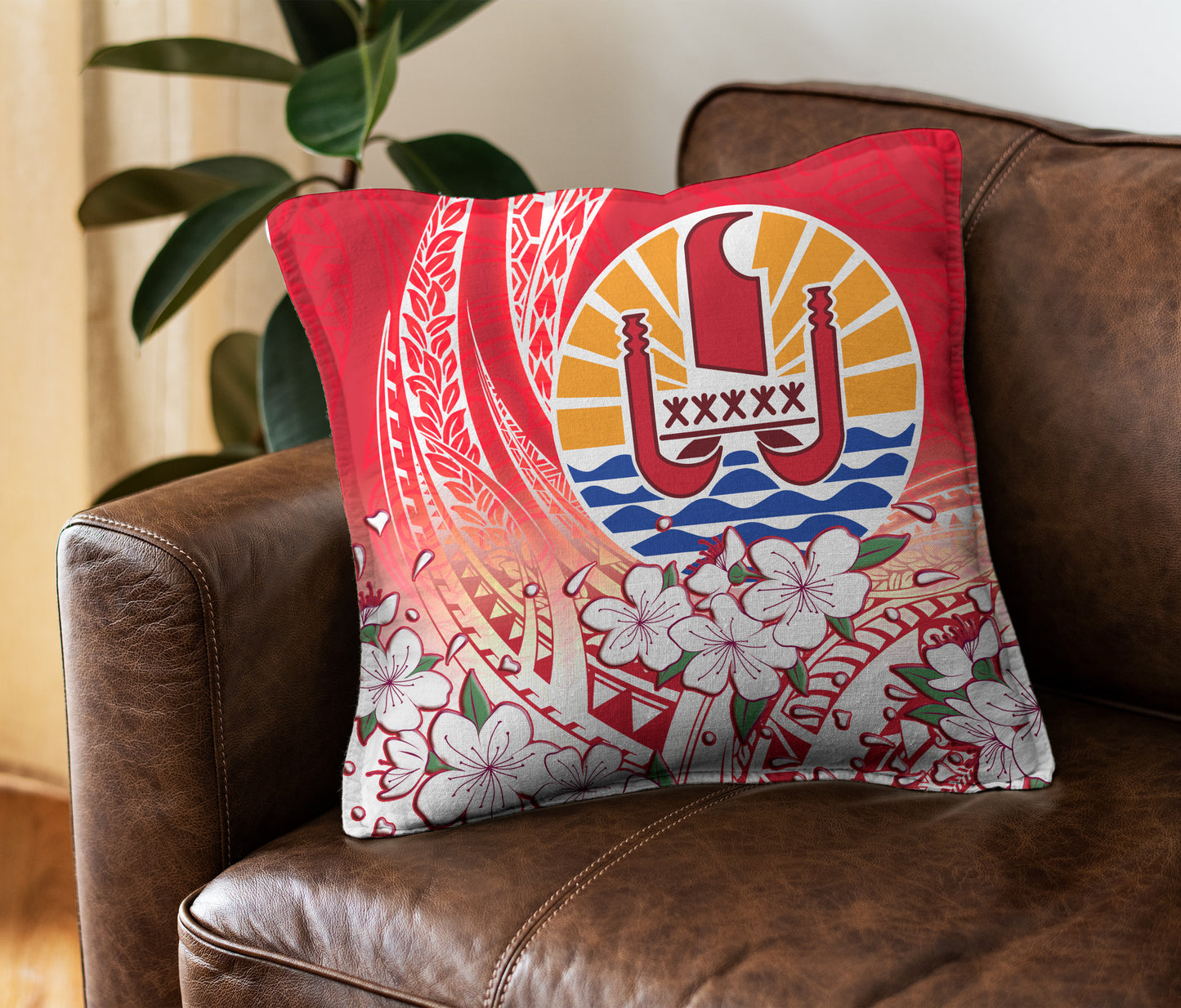 Tahiti Pillow Cover Polynesian Pattern Style White Flowers