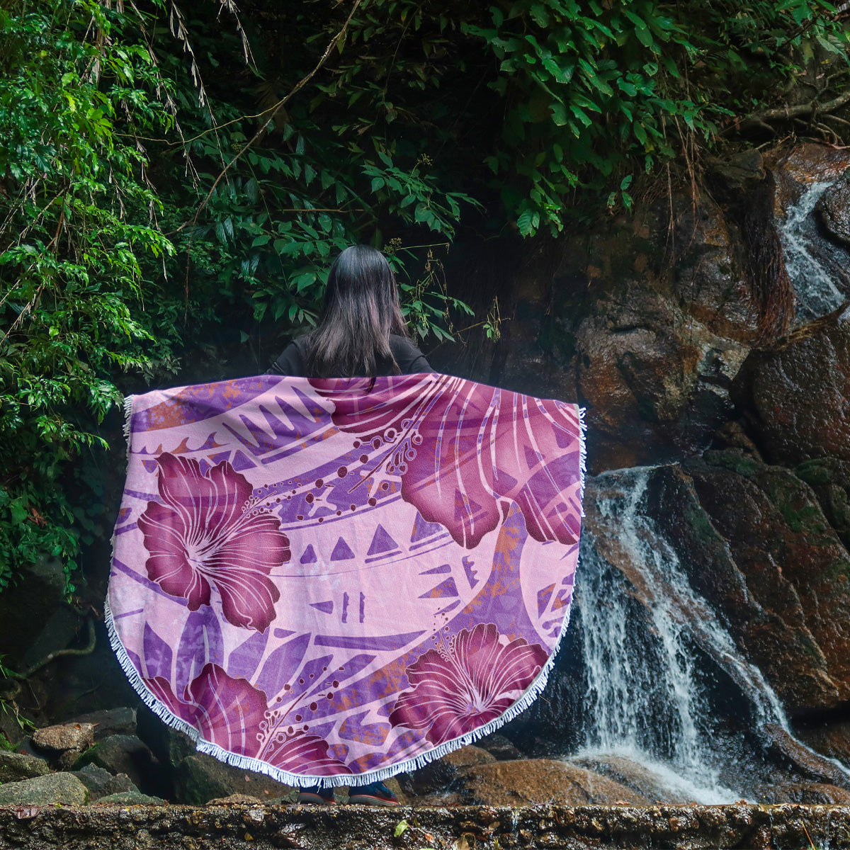 Hawaii Beach Blanket Polynesian Motif Purple Hibiscus