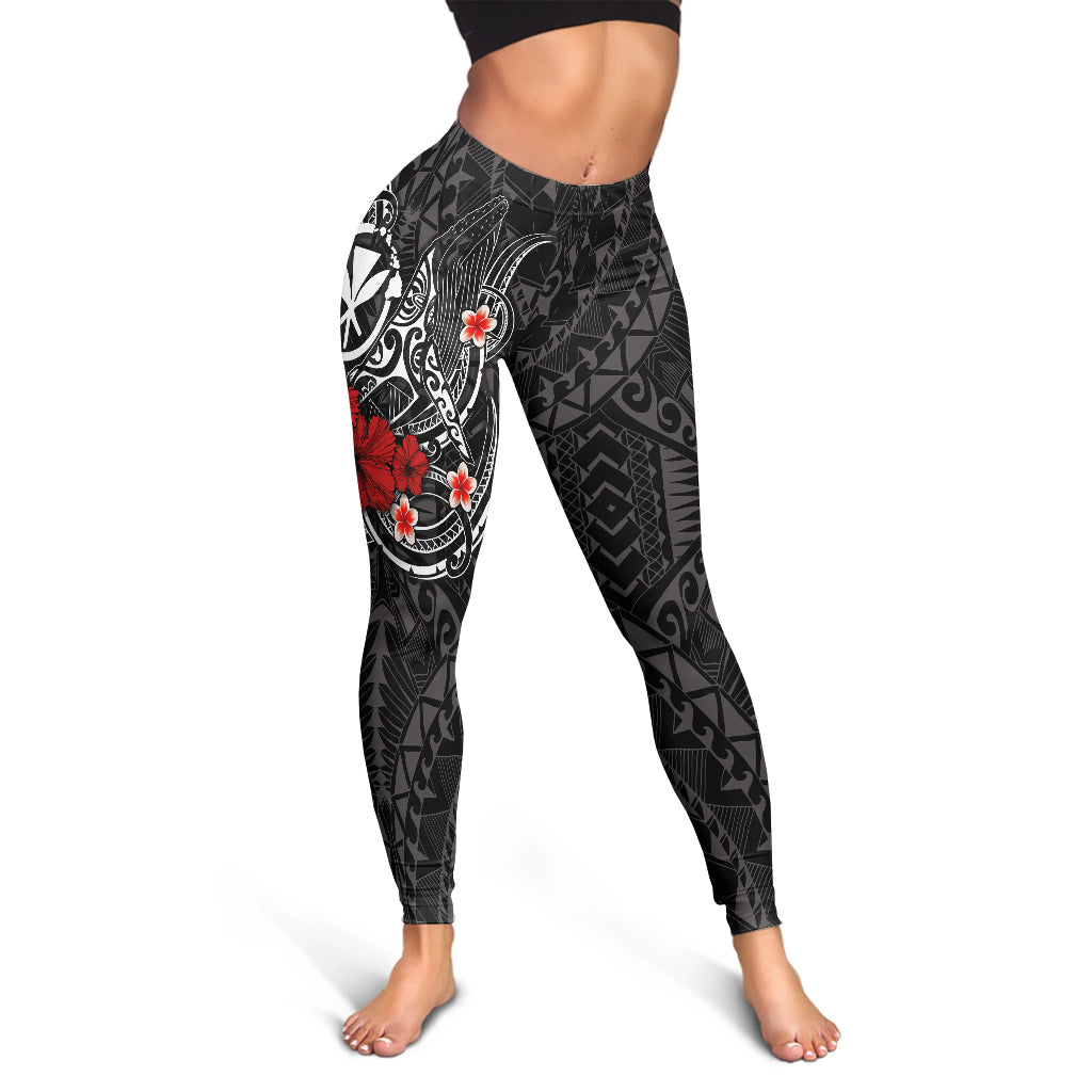 Polynesian Hawaii  Kanaka Maoli Legging - Humpback Whale with Hibiscus (White)