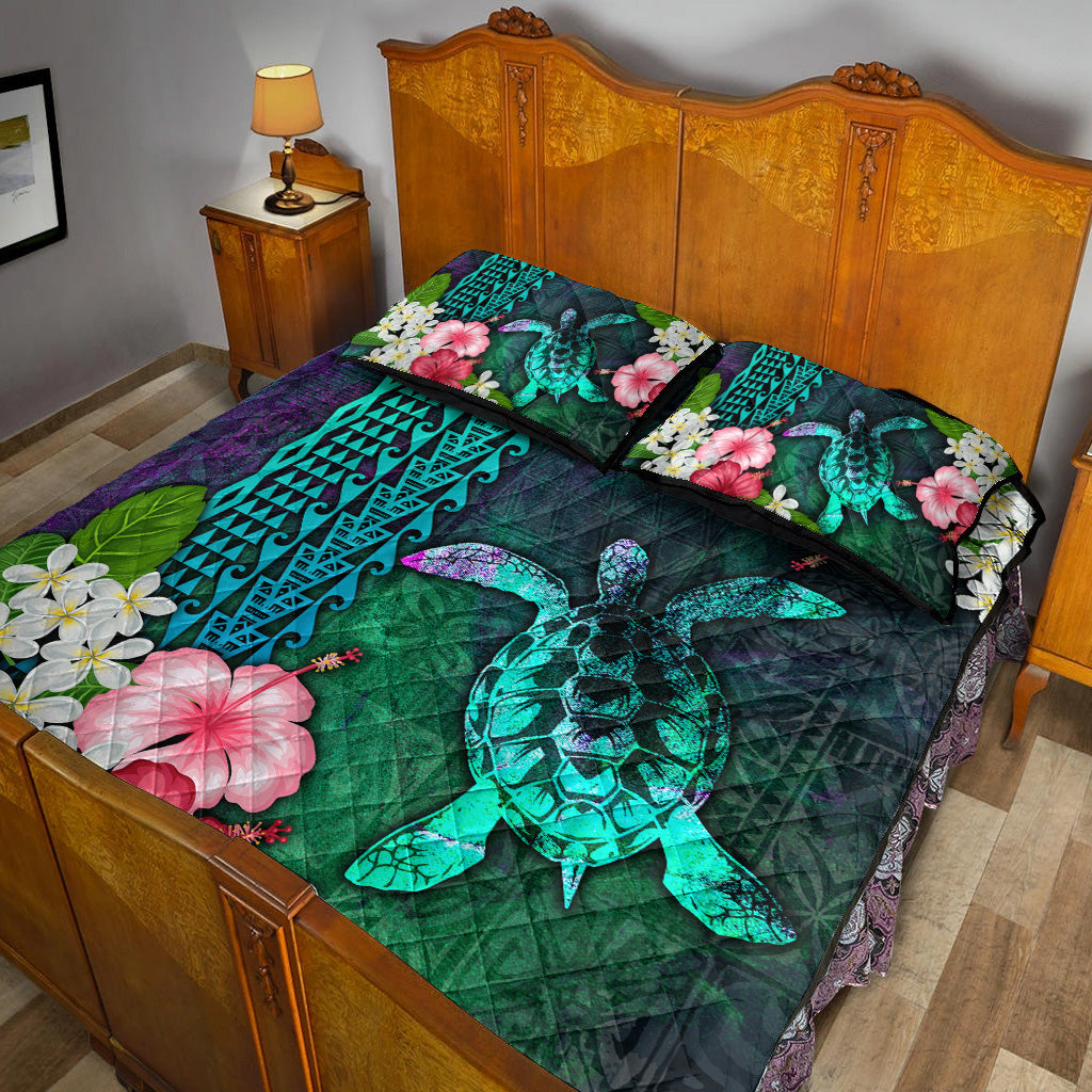 Hawaii Quilt Bed Set Sea Turtle Abstract Background With Tropical Flowers Hibiscus And Plumeria