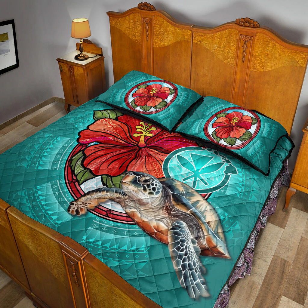 Hawaii Quilt Bed Set Hawaiian Map Turtle Hibiscus Flowers Polynesian Patterns Style