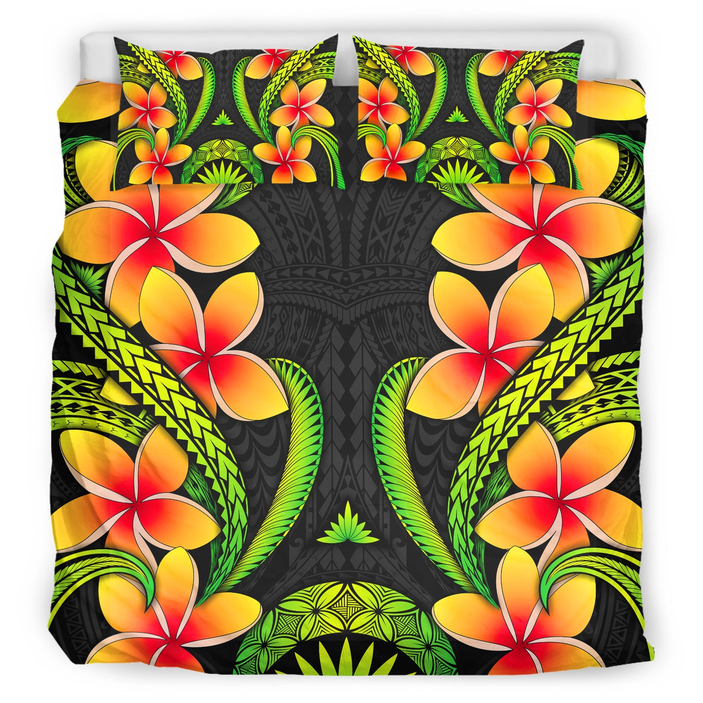 Polynesian Bedding Set Plumeria Green Pattern