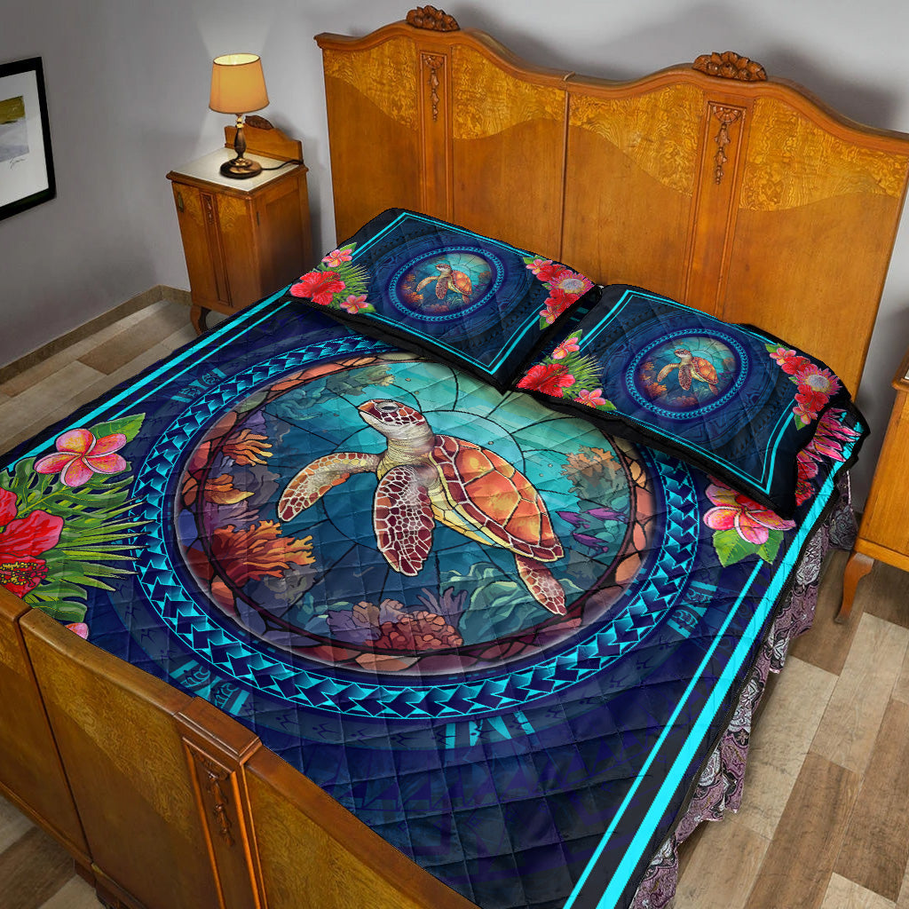 Hawaii Quilt Bed Set Polynesian Patterns Turtle Mascot WaterColor Style