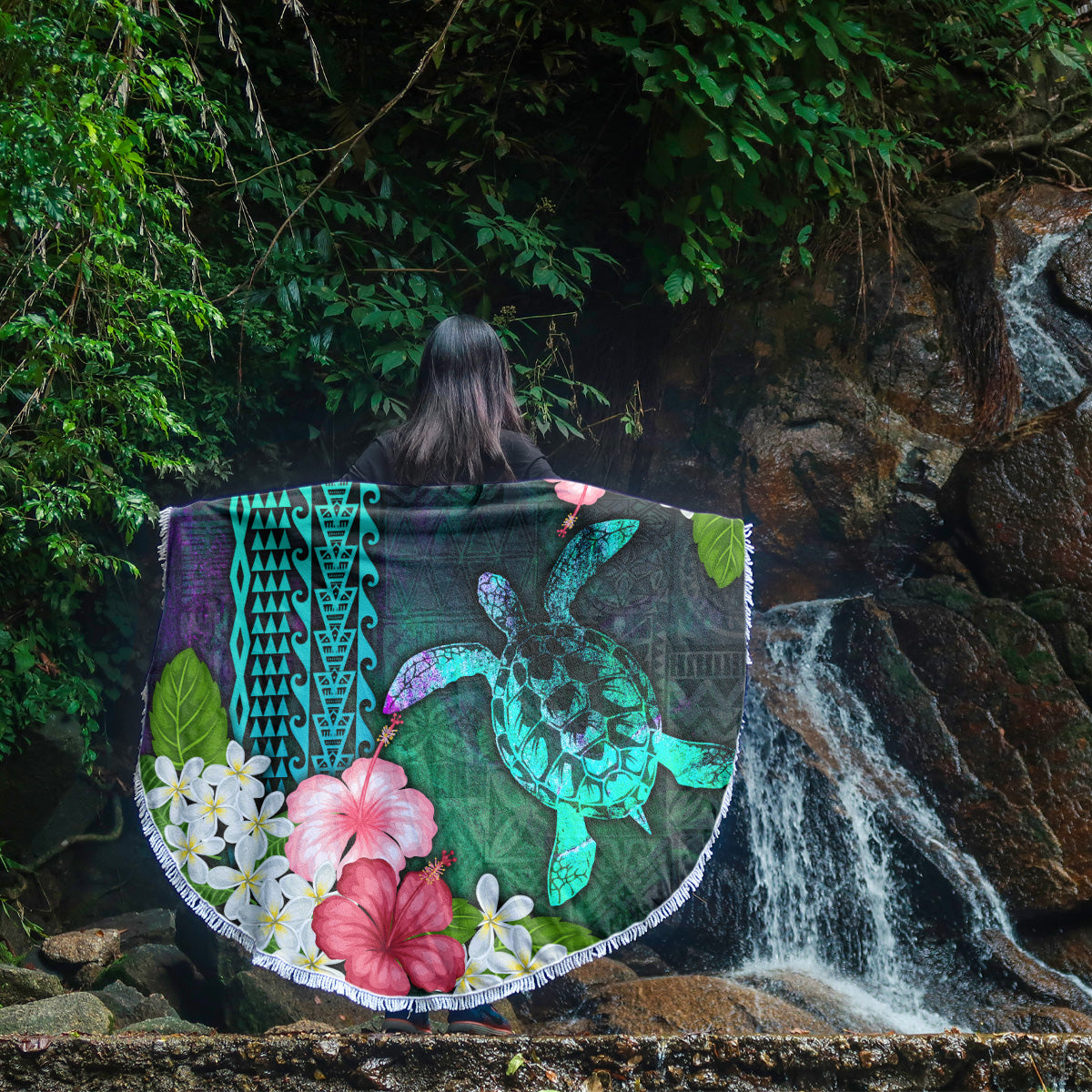 Hawaii Beach Blanket Sea Turtle Abstract Background With Tropical Flowers Hibiscus And Plumeria