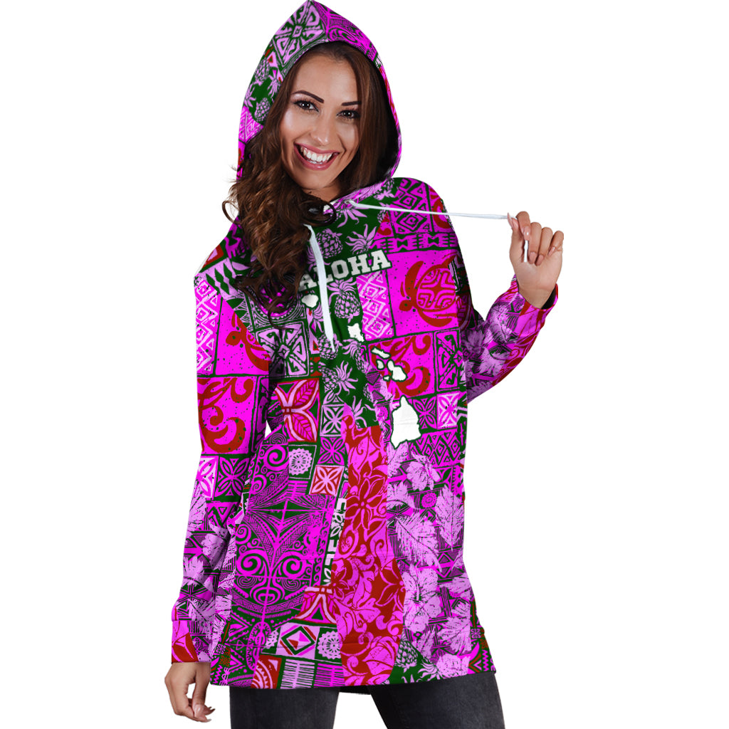 Hawaii Hoodie Dress Hawaiian style tapa fabric patchwork abstract vintage with Hawaii map