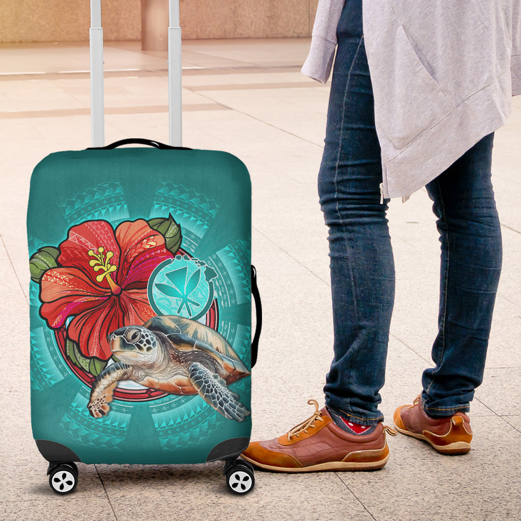 Hawaii Luggage Cover Hawaiian Map Turtle Hibiscus Flowers Polynesian Patterns Style