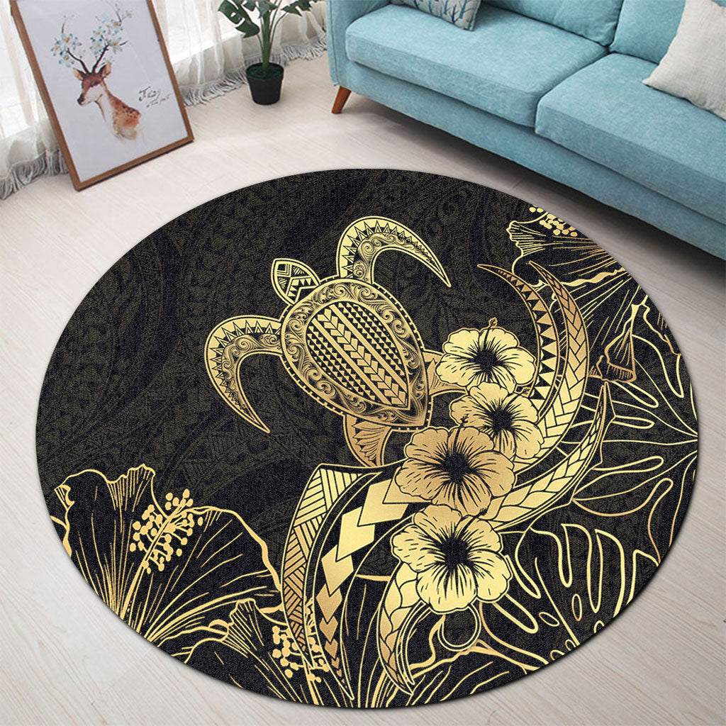 Hawaii Round Rug Tribal Polynesia Floral Gold Art
