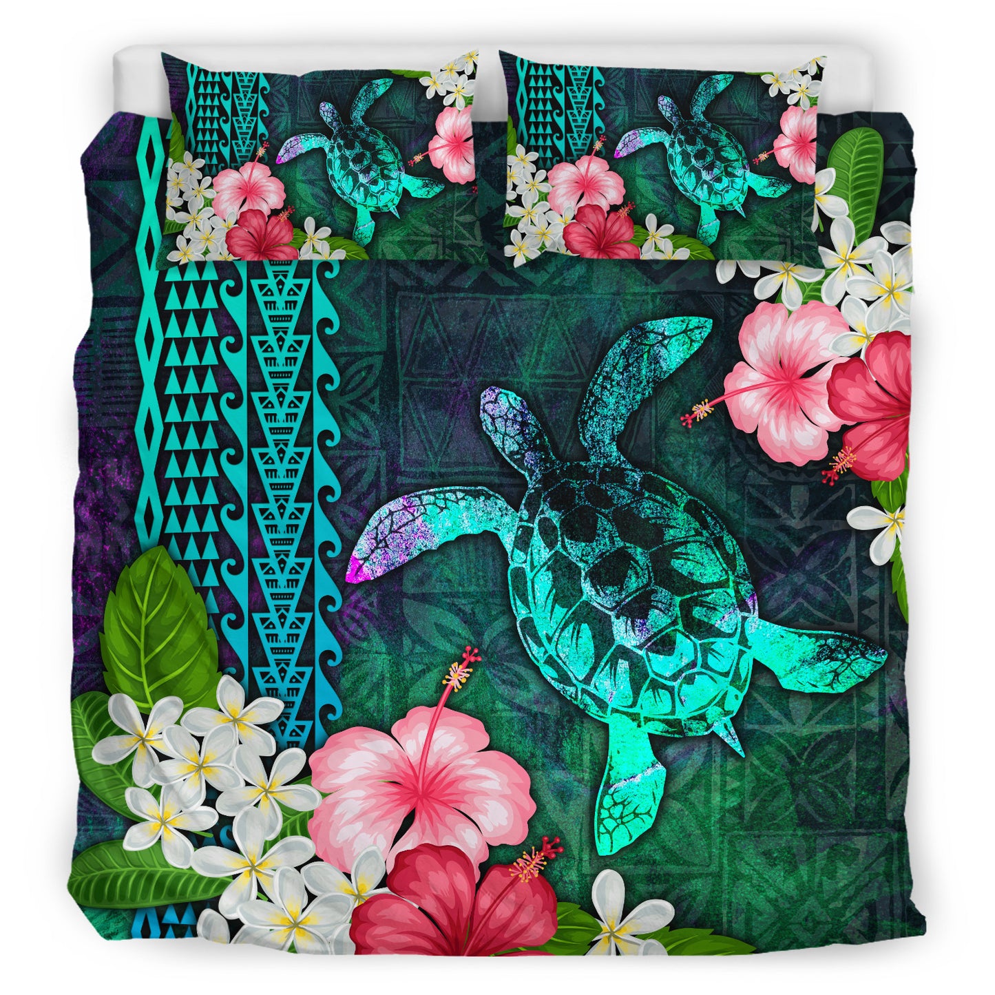 Hawaii Bedding Set Sea Turtle Abstract Background With Tropical Flowers Hibiscus And Plumeria
