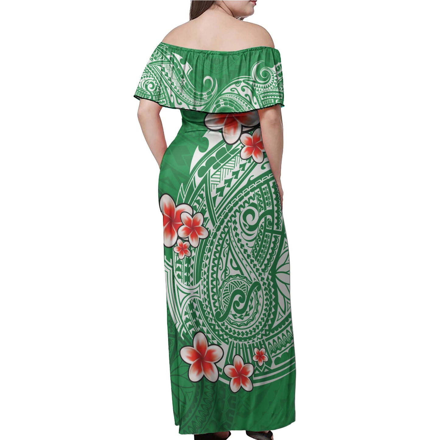 Cook Islands Off Shoulder Long Dress Plumeria Flowers Tribal Motif Design