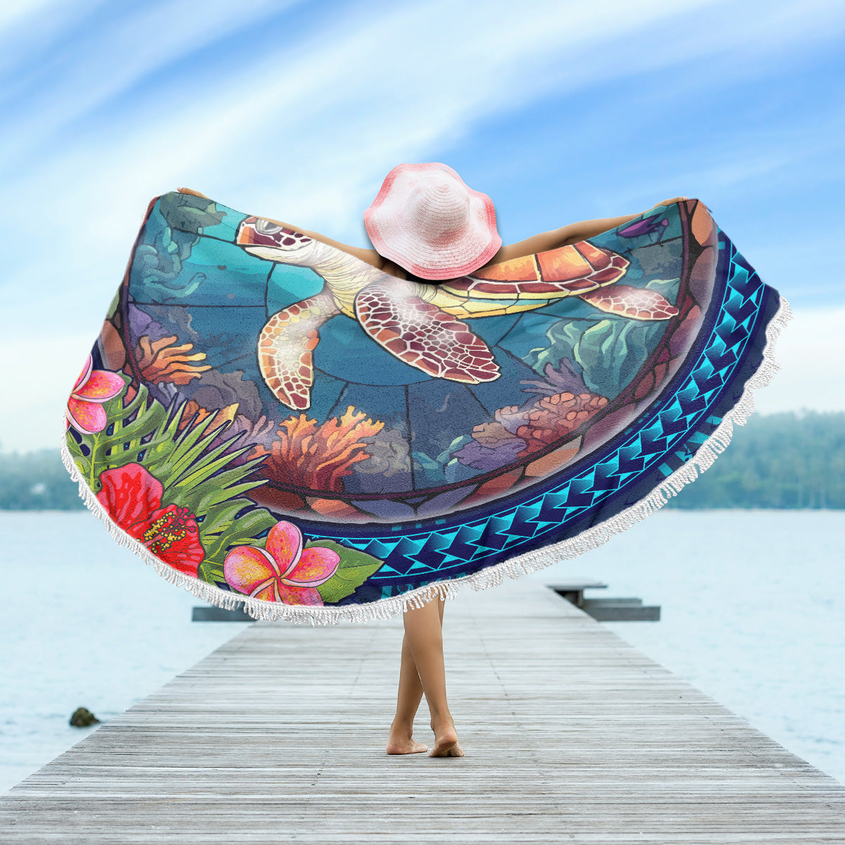 Hawaii Beach Blanket Polynesian Patterns Turtle Mascot WaterColor Style