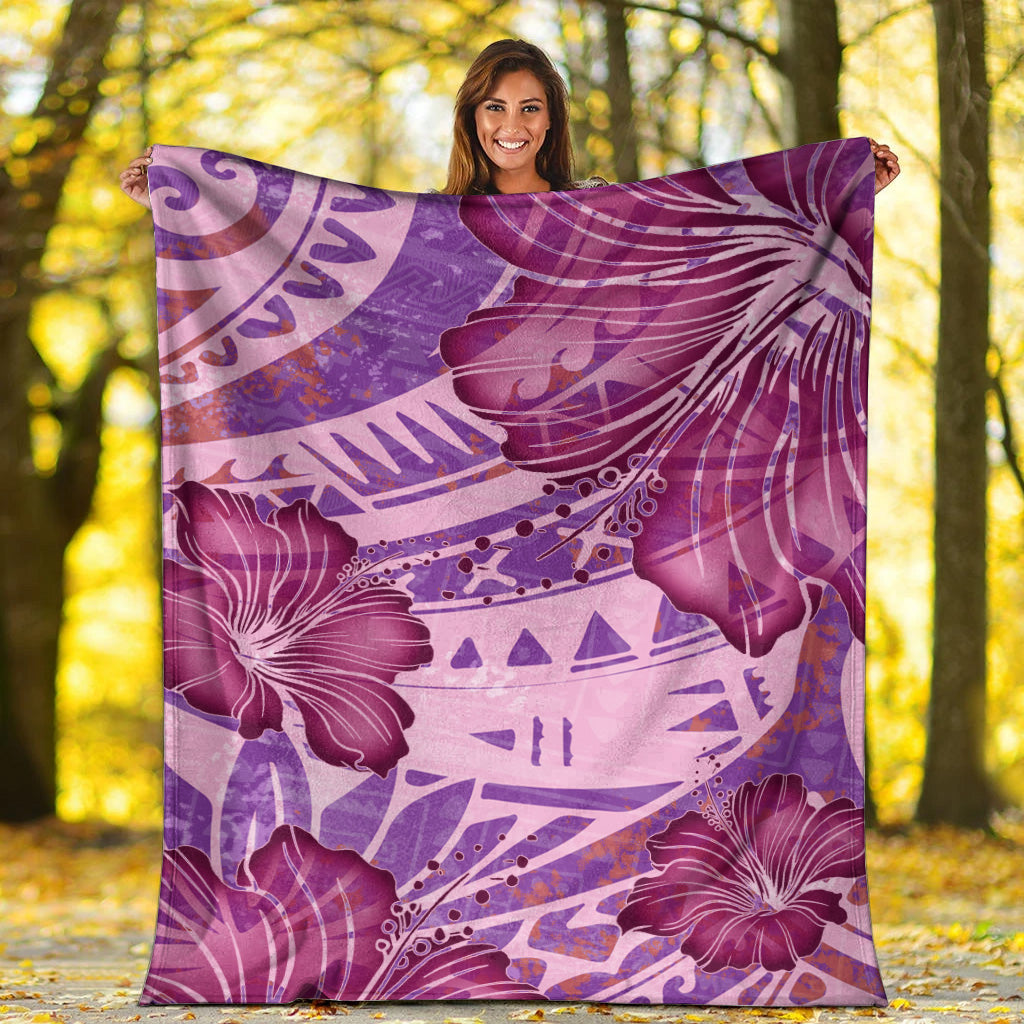 Hawaii Premium Blanket Polynesian Motif Purple Hibiscus