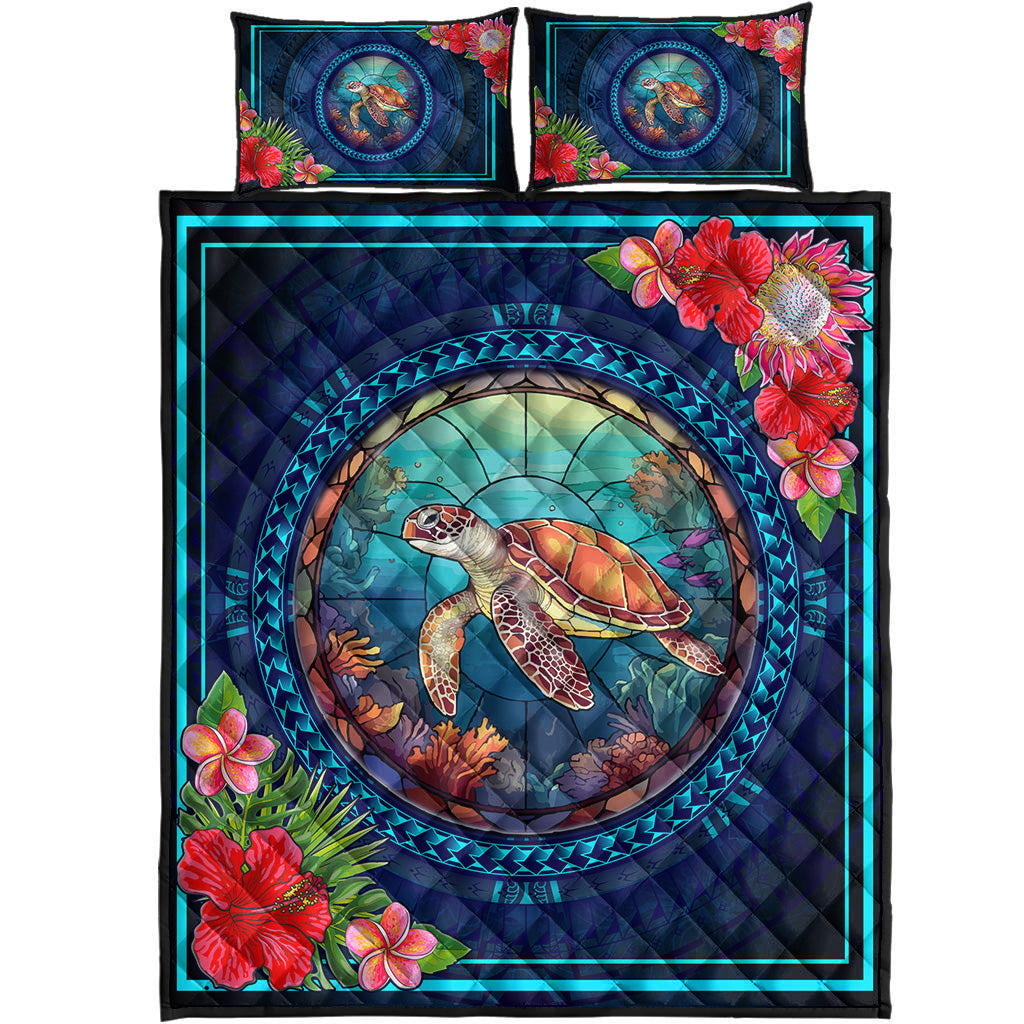 Hawaii Quilt Bed Set Polynesian Patterns Turtle Mascot WaterColor Style