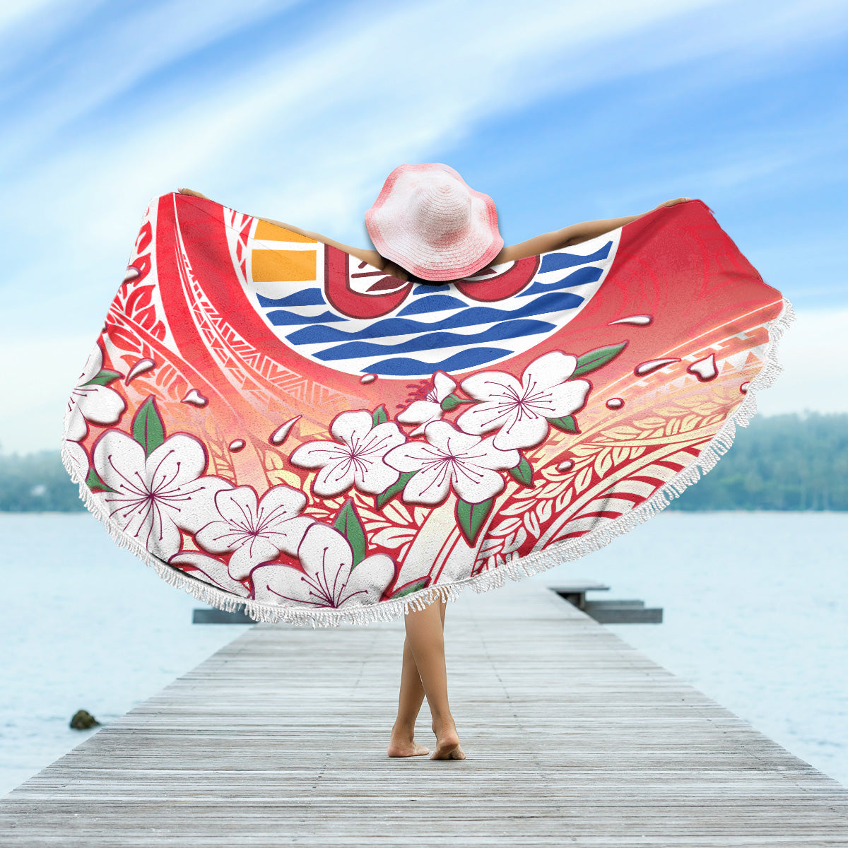 Tahiti Beach Blanket Polynesian Pattern Style White Flowers