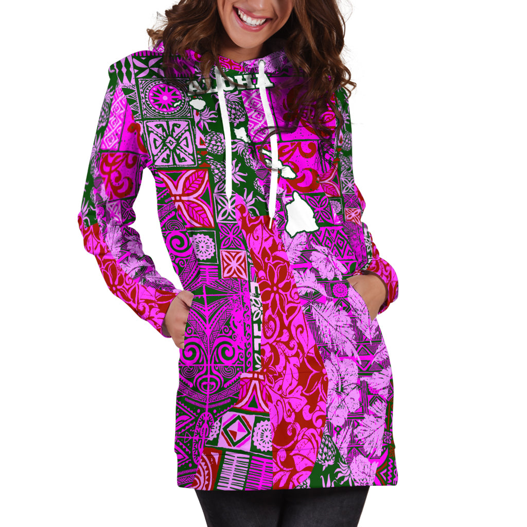 Hawaii Hoodie Dress Hawaiian style tapa fabric patchwork abstract vintage with Hawaii map