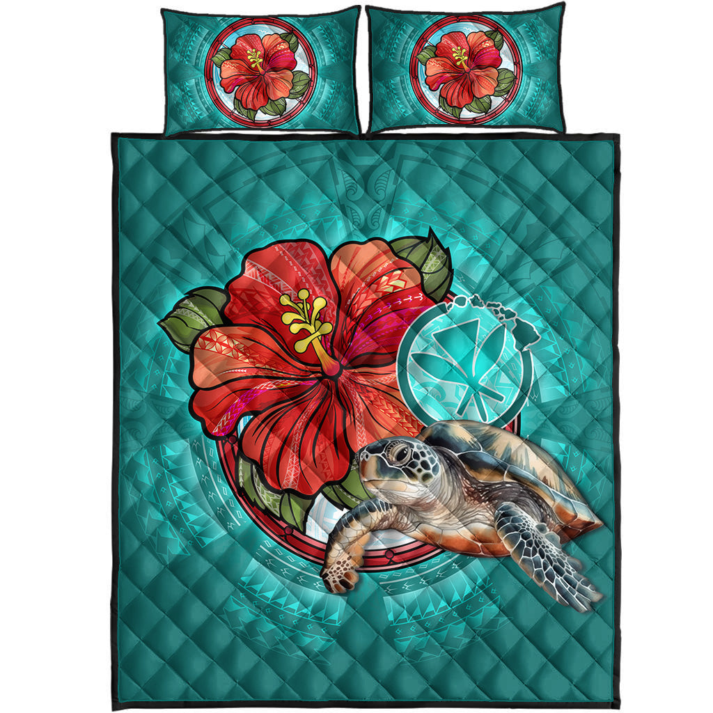 Hawaii Quilt Bed Set Hawaiian Map Turtle Hibiscus Flowers Polynesian Patterns Style