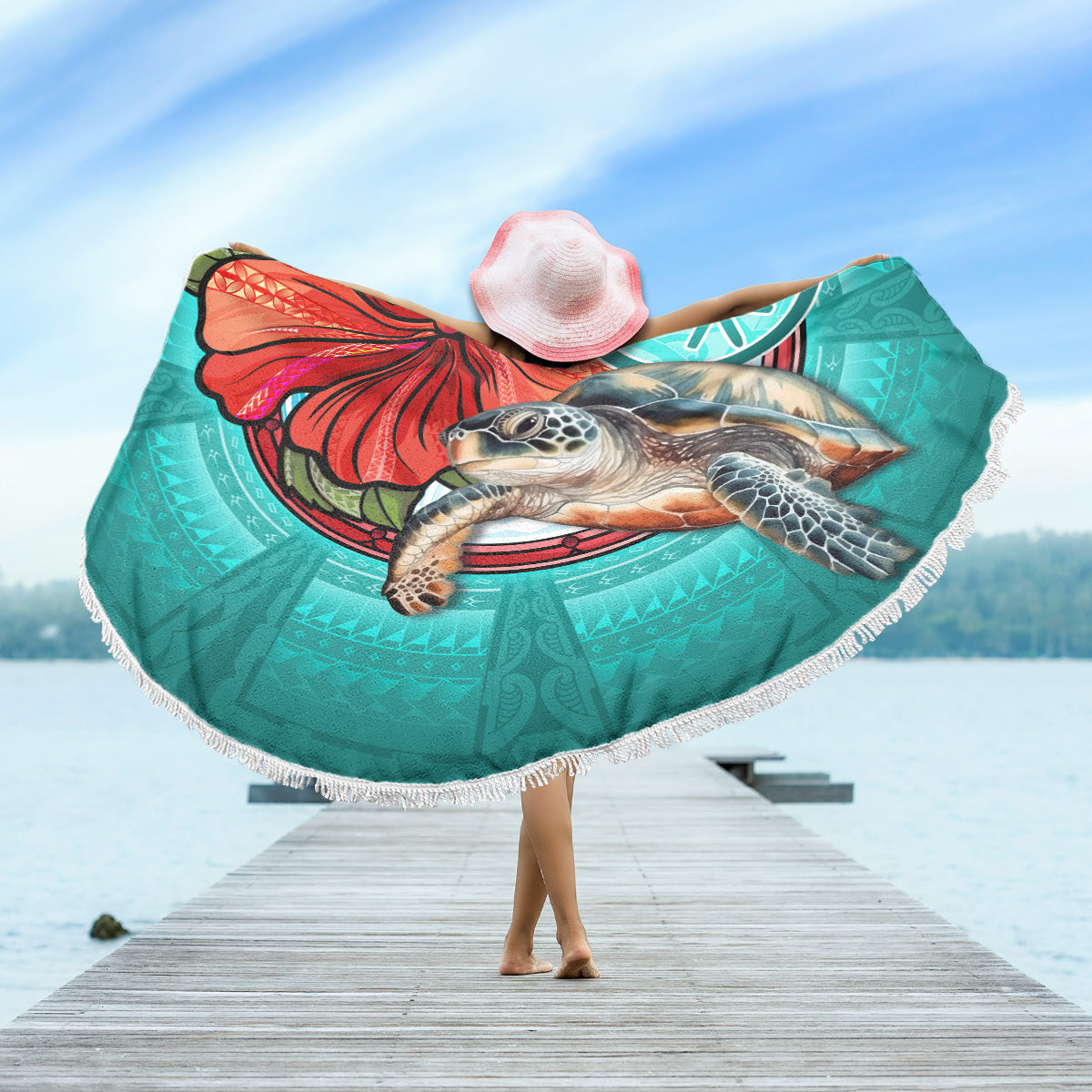 Hawaii Beach Blanket Hawaiian Map Turtle Hibiscus Flowers Polynesian Patterns Style