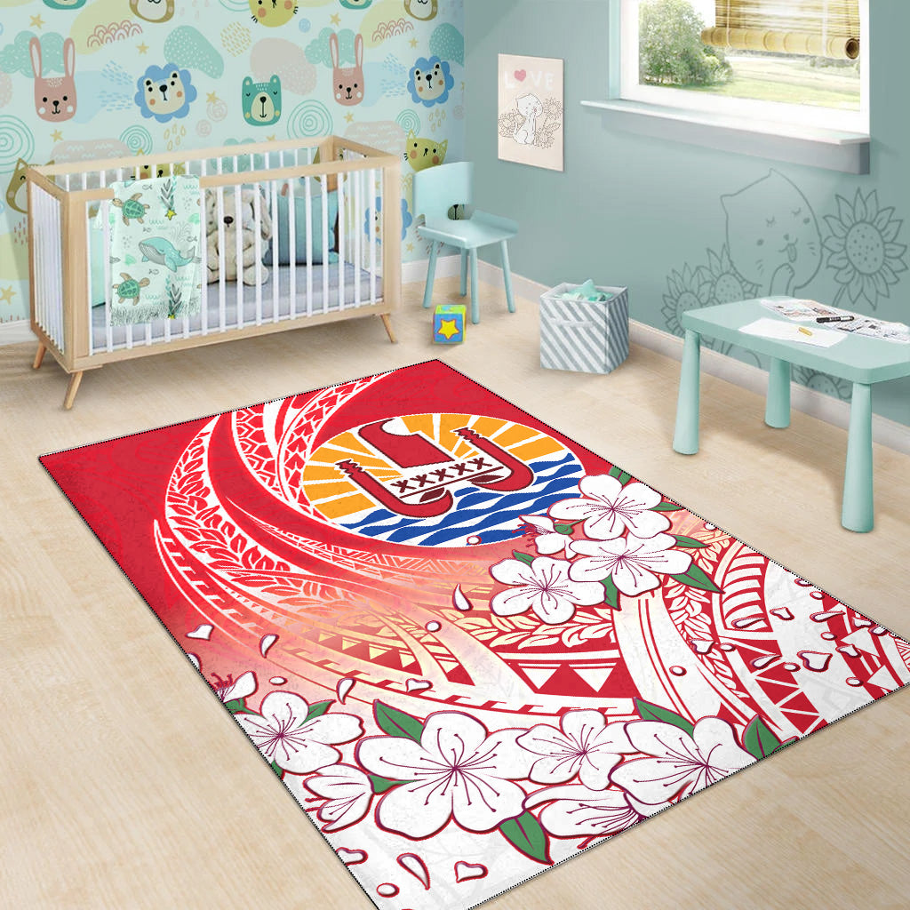 Tahiti Area Rug Polynesian Pattern Style White Flowers