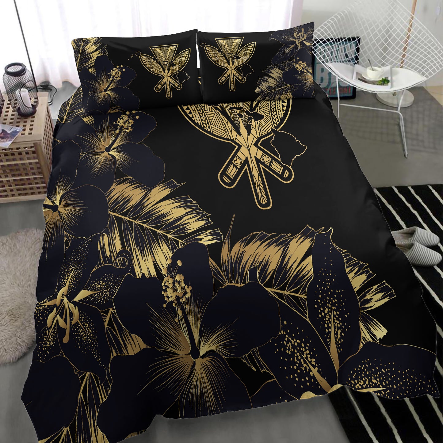 Hawaii Bedding Set - Hibiscus Tropical Hawaii Luxury Gold Bedding Set
