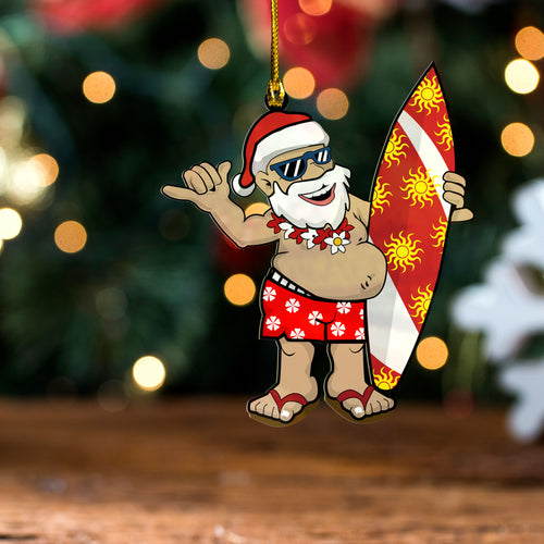 Hawaii Custom Personalised Acrylic And Wooden Ornament Christmas Santa Claus With His Surfboard Doing A Shaka
