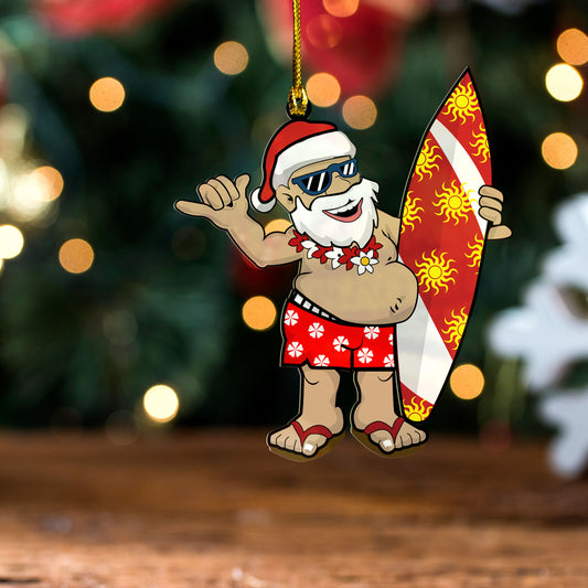 Hawaii Custom Personalised Acrylic And Wooden Ornament Christmas Santa Claus With His Surfboard Doing A Shaka