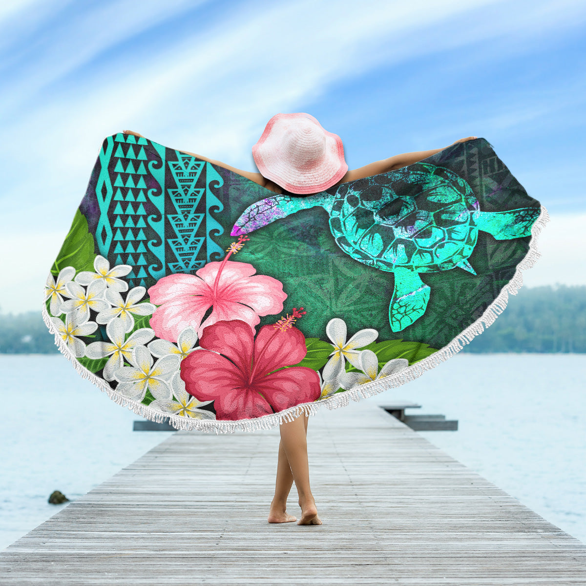 Hawaii Beach Blanket Sea Turtle Abstract Background With Tropical Flowers Hibiscus And Plumeria
