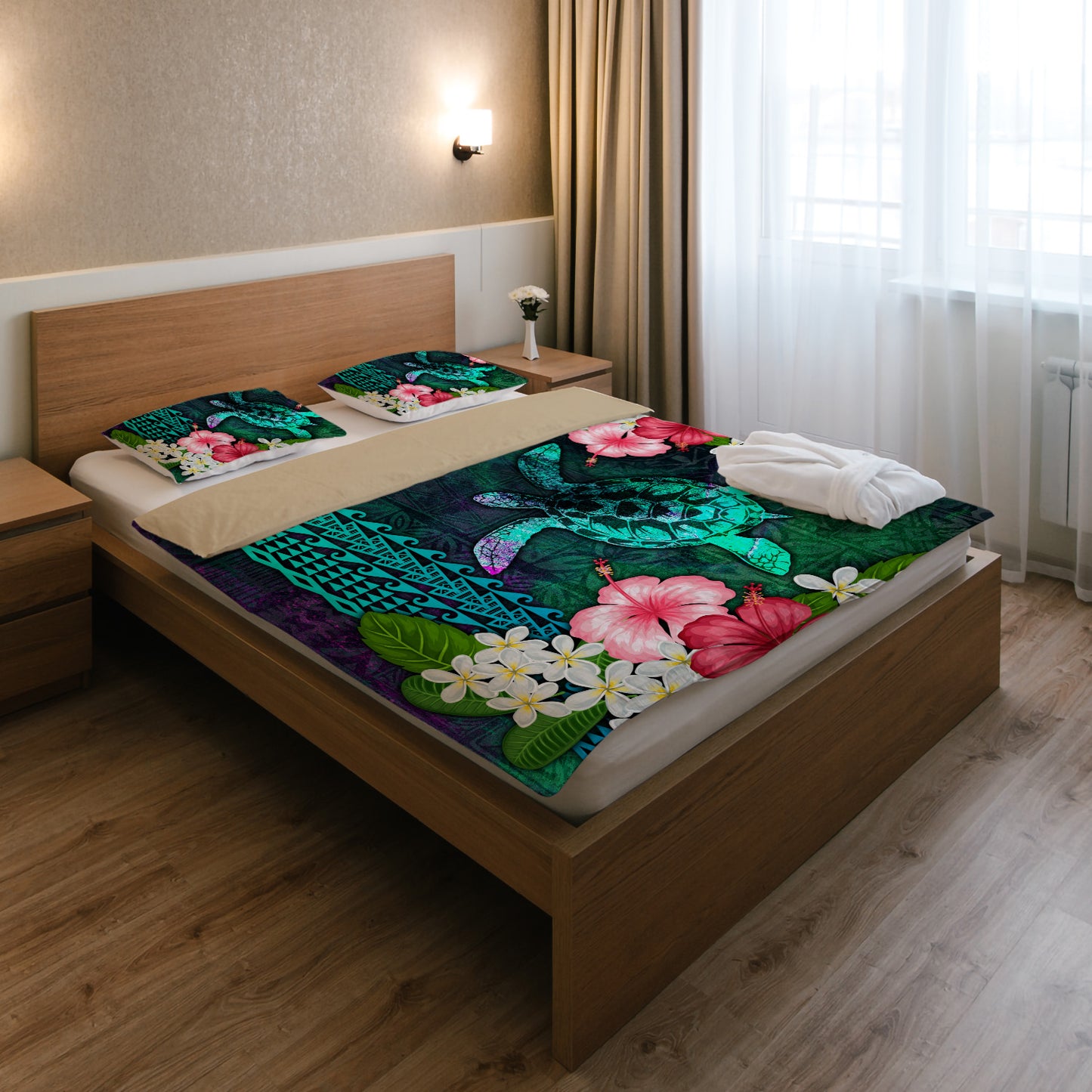 Hawaii Bedding Set Sea Turtle Abstract Background With Tropical Flowers Hibiscus And Plumeria