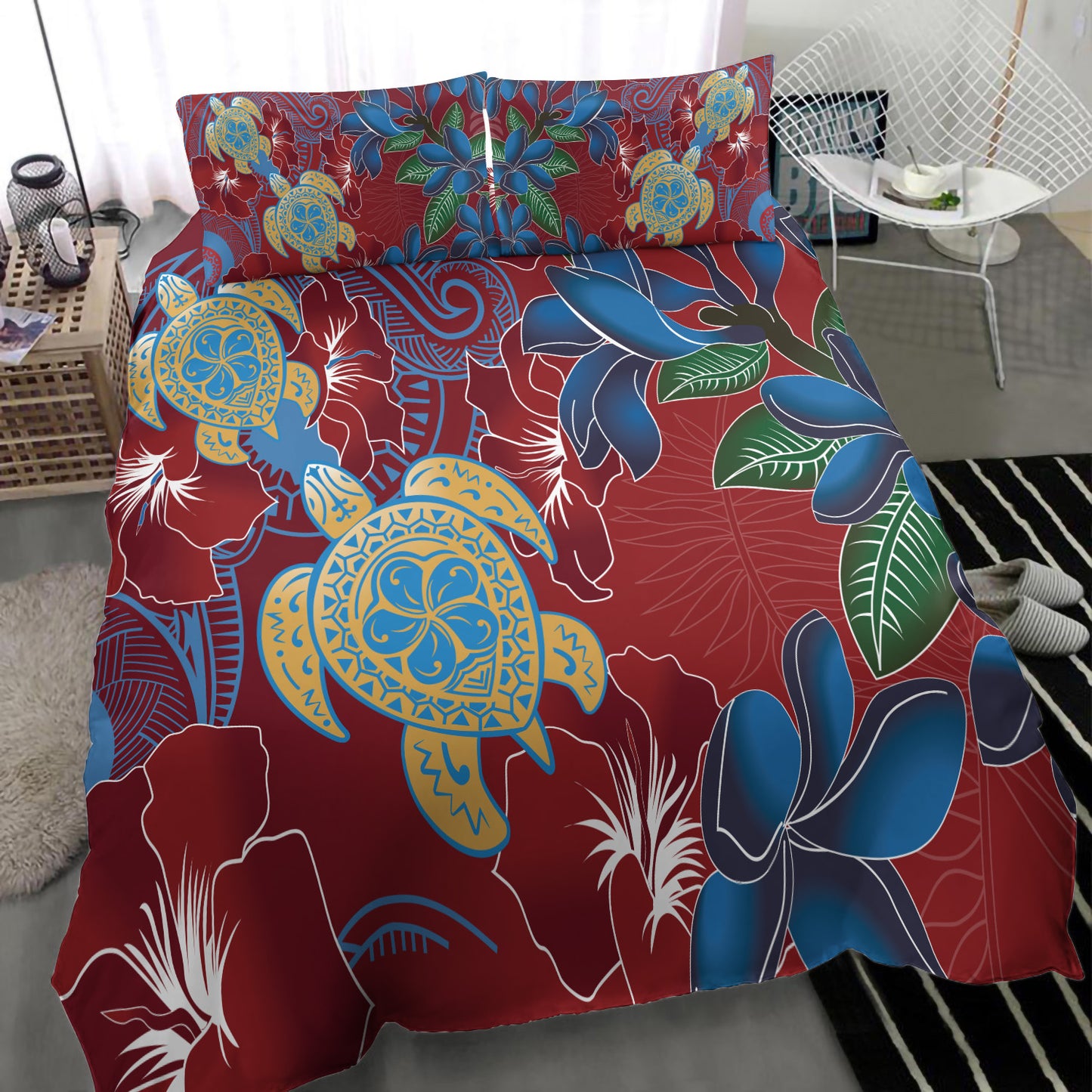 Hawaii Bedding Set Polynesian Cultures Turtle Couple Tropical Flowers Red Color