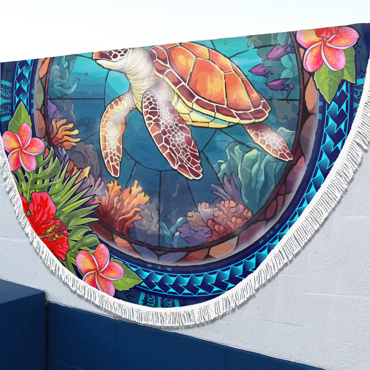 Hawaii Beach Blanket Polynesian Patterns Turtle Mascot WaterColor Style