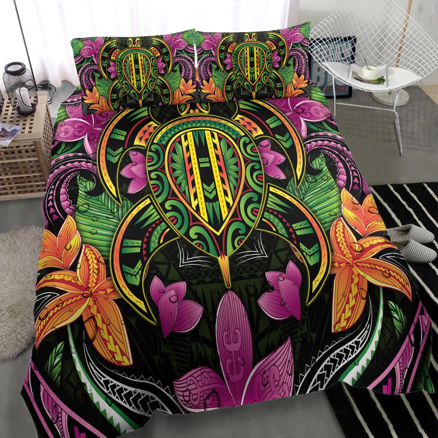 Polynesian Bedding Set - Hawaiian Turtle Colorful