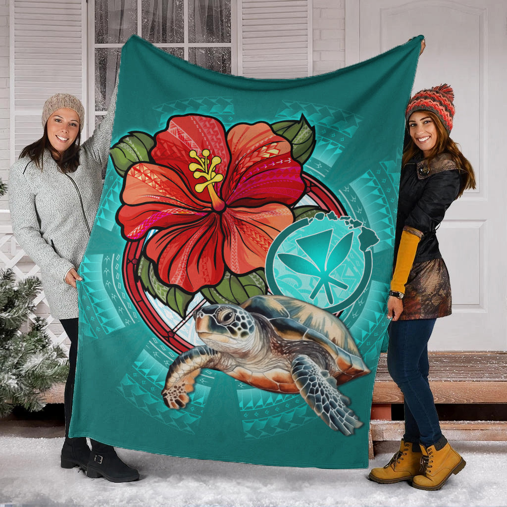 Hawaii Premium Blanket Hawaiian Map Turtle Hibiscus Flowers Polynesian Patterns Style