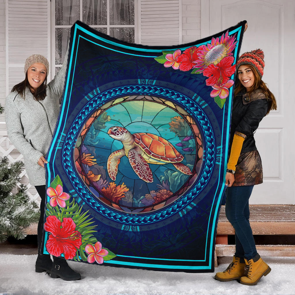 Hawaii Premium Blanket Polynesian Patterns Turtle Mascot WaterColor Style