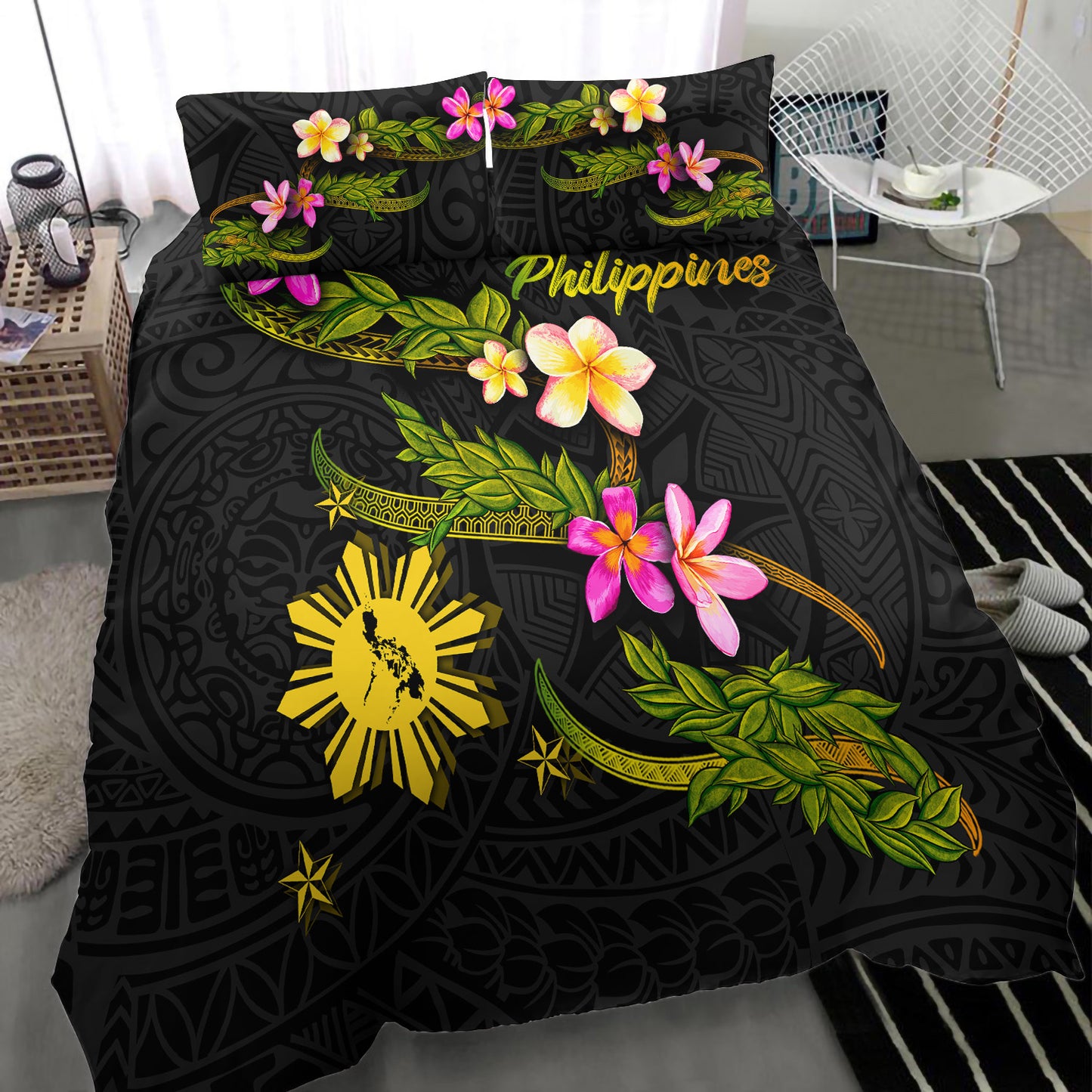 Philippines Filipinos Bedding Set Philippines Sun And Map Plumeria Tribal