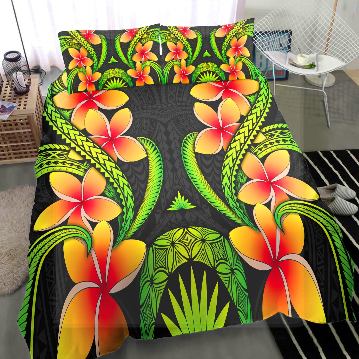 Polynesian Bedding Set Plumeria Green Pattern