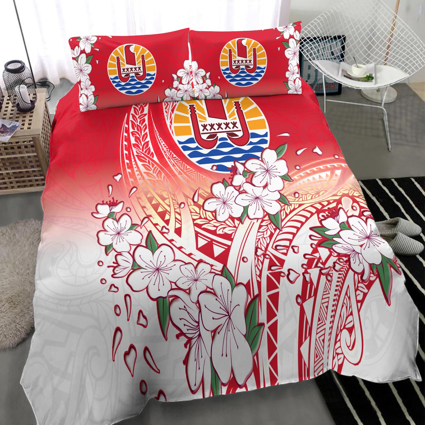 Tahiti Bedding Set Polynesian Pattern Style White Flowers