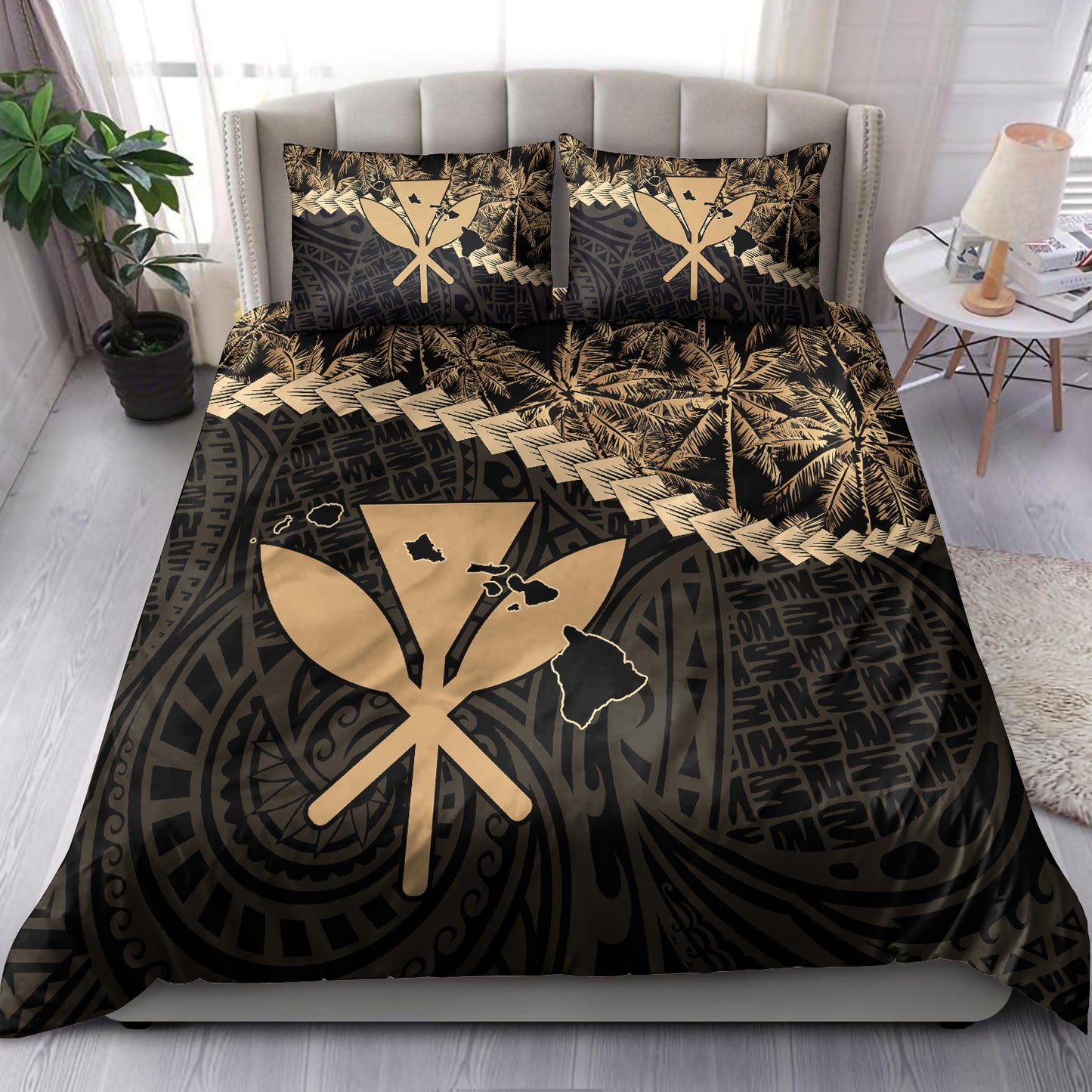 Hawaii Bedding Set - Kanaka Hawaii Map Coconut Tree Style Bedding Set