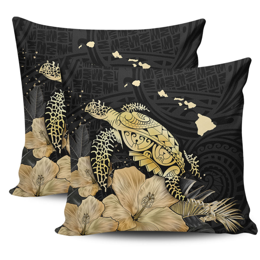 Hawaii Pillow Cover Turtle Hibiscus Gold